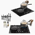 Cooking Utensils Set with Frying Pans Saucepan Lid Knives and Spice Bottles on Gas Stove