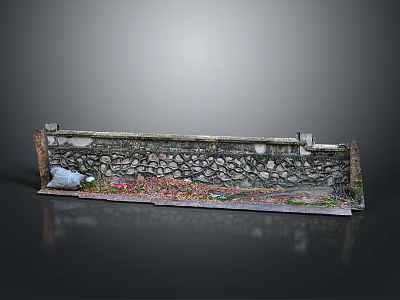 Natural Stone Wall Landscape With Soil Plants Small Sculpture And Pink Flowers 3d model