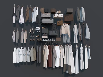 Stylish Hanging Clothes Collection With Dresses Shirts Coats Bags And Shoes 3d model