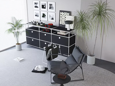 Modern Black White Bookcase With Drawers Shelves And Indoor Plants Chair Interior 3d model