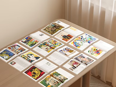 Spread Out Magazines With Colorful Illustrations And Text On Wooden Table In Bright Room 3d model