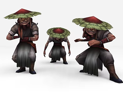 Game and Movie Character in Traditional Clothing with Conical Hat and Various Action Poses 3d model