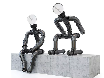 Humanoid Table Lamp Made Of Metal Pipes With Bulb On Top Sitting On Concrete Platform 3d model