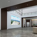 Front Desk Reception in Double Height Lobby With Large Screen Panoramic View And Wooden Panels