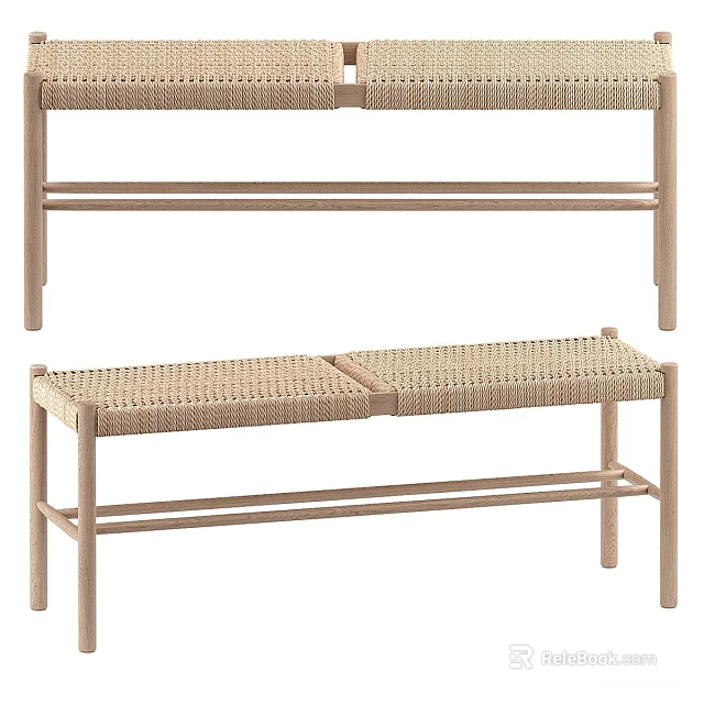 Minimalist Solid Wood Woven Rattan Sofa Bench For Living Room And Entryway Home Decor 3d model 