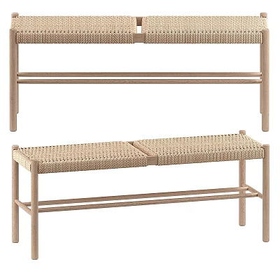 Minimalist Solid Wood Woven Rattan Sofa Bench For Living Room And Entryway Home Decor 3d model