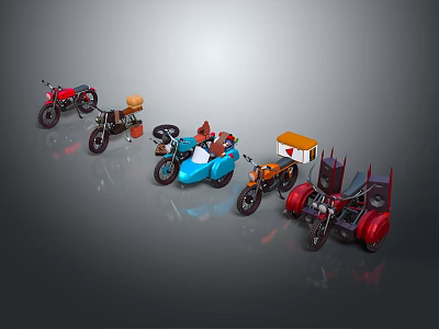 Colorful Motorcycles with Unique Designs Various Styles and Sidecars on 3d model