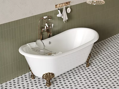 Elegant Bathroom Interior With White Freestanding Bathtub Golden Feet And Green Tiled Wall 3d model