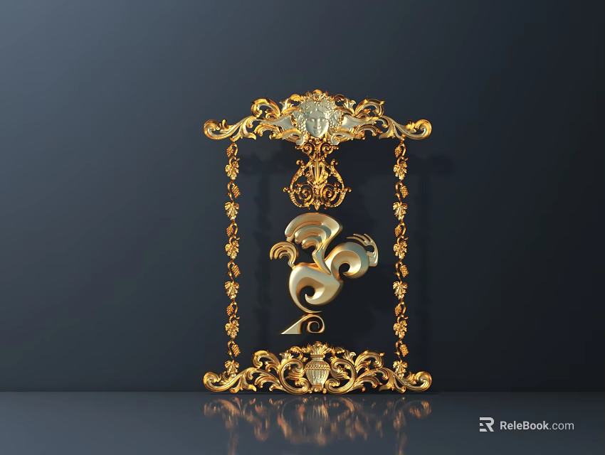 Ornate Golden Carving Frame With Intricate Patterns Bird Shaped Ornament And Tassels On Dark Background 3d model 