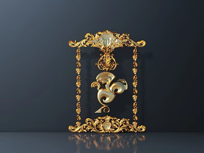 Ornate Golden Carving Frame With Intricate Patterns Bird Shaped Ornament And Tassels On Dark Background 3d model