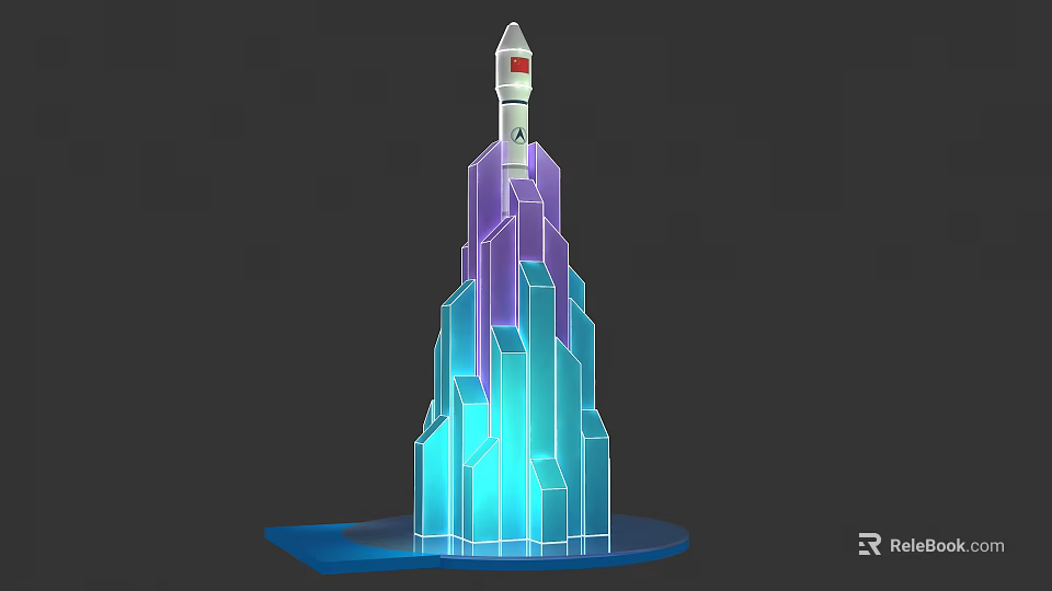 Colorful Geometric Tower Structure With Rocket On Top And Blue Base 3d model 