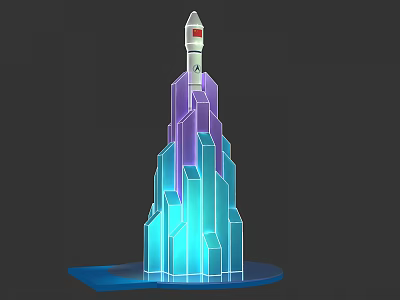 Colorful Geometric Tower Structure With Rocket On Top And Blue Base 3d model