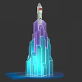 Colorful Geometric Tower Structure With Rocket On Top And Blue Base