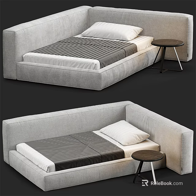 Single Bed With Modern Design Gray Mattress Striped Bedspread White Pillow And Small Round Table 3d model 
