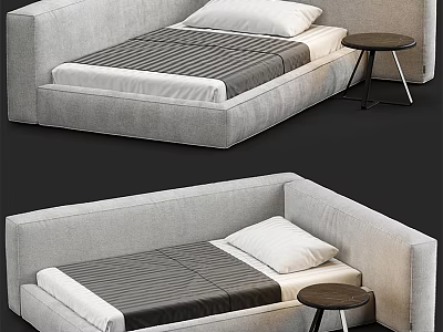 Single Bed With Modern Design Gray Mattress Striped Bedspread White Pillow And Small Round Table 3d model