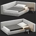 Single Bed With Modern Design Gray Mattress Striped Bedspread White Pillow And Small Round Table