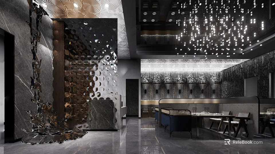 Elegant Modern Restaurant Interior With Pendant Lights And Decorative Wall Seating 3d model 