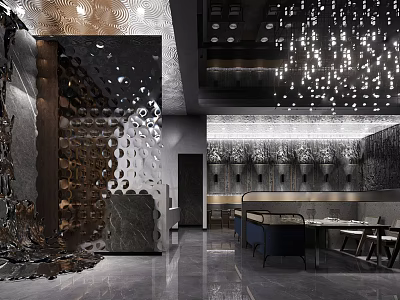 Elegant Modern Restaurant Interior With Pendant Lights And Decorative Wall Seating 3d model