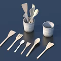 Wooden Utensil Set with Concrete Containers Including Spoons Forks and Spatulas