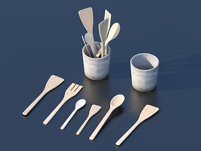 Wooden Utensil Set with Concrete Containers Including Spoons Forks and Spatulas 3d model