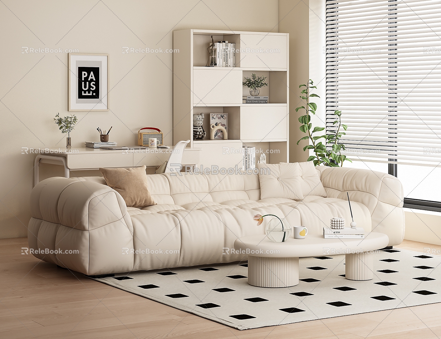 Cream Style Living Room Sofa Technology Cloth Sofa Cotton Candy Sofa Small Apartment Coffee Table Desk Study Table Bookcase Ornaments 3d model