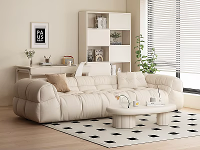 Cozy Large Sofa In Modern Living Room With Round Coffee Table And Black White Rug 3d model