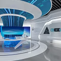 Modern Tech Control Room With Blue Screen Wall Curved Design Digital Globe And Data Lines 3d model