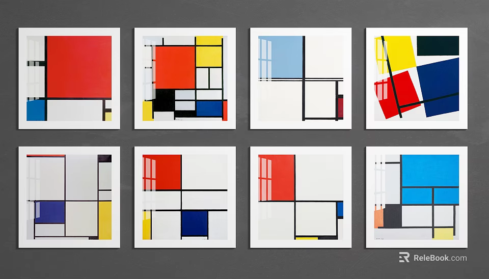 Colorful Abstract Geometric Paintings With Red Yellow Blue Black White Shapes 3d model 