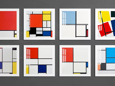 Colorful Abstract Geometric Paintings With Red Yellow Blue Black White Shapes 3d model