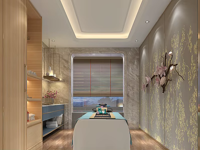 Elegant Spa Sauna Interior Design With Massage Bed And Decorative Wall Elements 3d model
