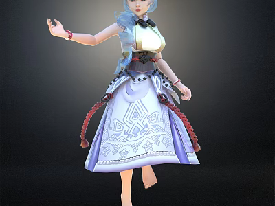 Woman With Blue Hair Wearing White Top And Patterned Skirt With Belt And Bracelets Barefoot 3d model