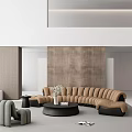 Modern Elegant Living Room Interior with Large Windows City Skyline Brown Curved Sofa Gray Armchair