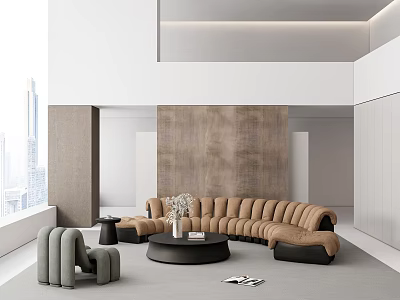 Modern Elegant Living Room Interior with Large Windows City Skyline Brown Curved Sofa Gray Armchair 3d model
