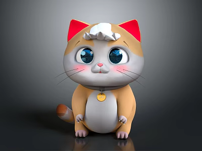 Adorable 3D Cartoon Cat Character with Red Ears Blue Eyes White Hair and Yellow Collar 3d model