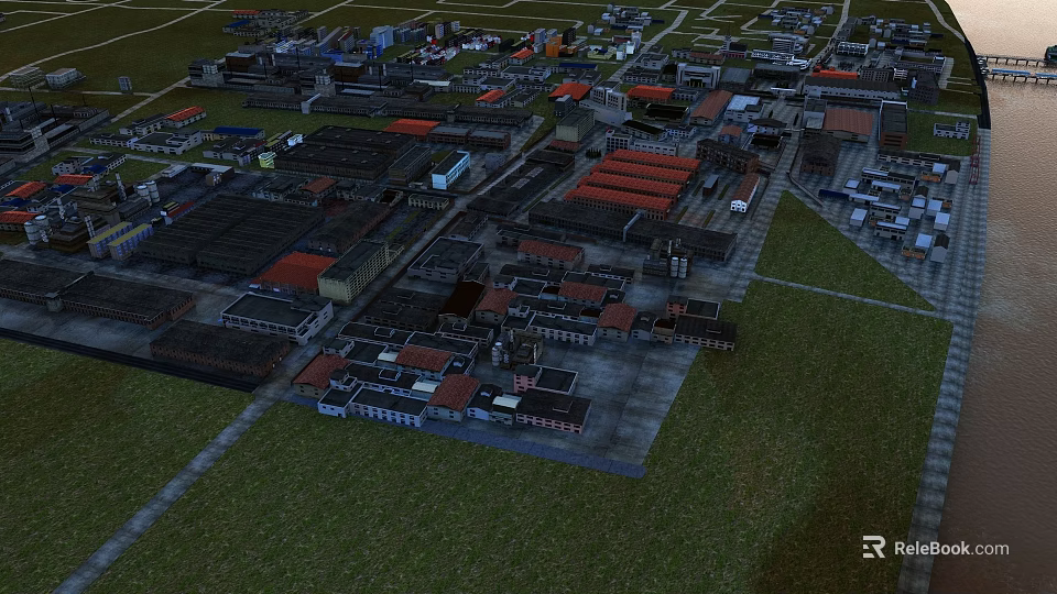 Aerial View Urban Planning with Residential Commercial Buildings Red Roofs Road Networks and Green Areas 3d model 