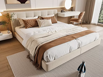 Modern Double Bed In Minimalist Bedroom With Upholstered Headboard Decorative Pillows Blankets And Bedside Table 3d model