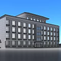 Modern Multi Storey Office Building With Stone Facade Large Windows And Entrance Portico