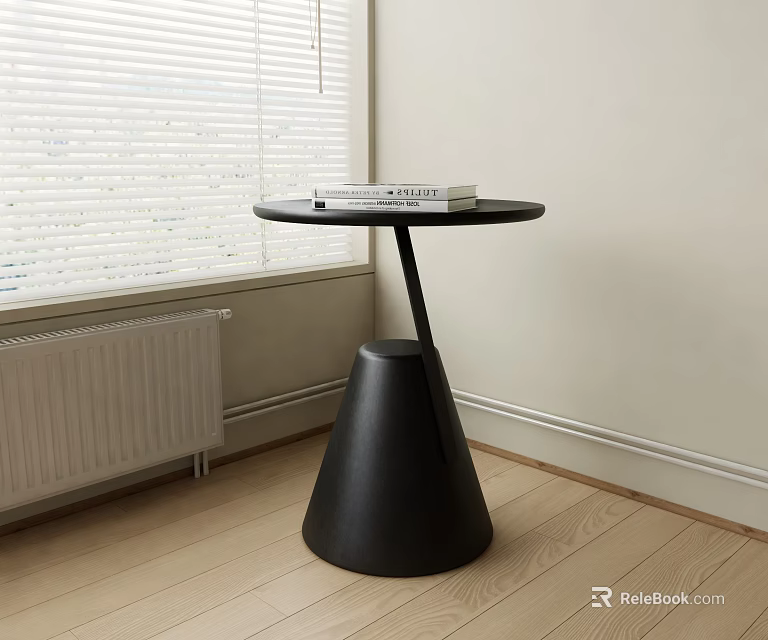 Modern Black Side Table With Round Top And Conical Base By Window On Wooden Floor 3d model 