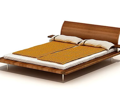Modern Wooden Double Bed With White Pillows Yellow Blanket And Metal Legs 3d model