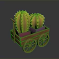 Colorful Spiky Cactus Plants in Wooden Cart with Pink Yellow Pots