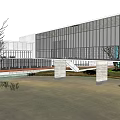 Modern Cultural Center Building With Large Glass Windows And Water Pool Reflection In Natural Surroundings