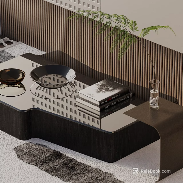 Modern Living Room Sofa and Coffee Table Set With Glass Top Books and Decorative Plant 3d model 