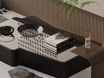 Modern Living Room Sofa and Coffee Table Set With Glass Top Books and Decorative Plant 3d model