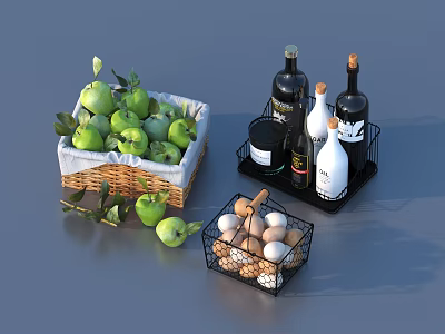 Green Apples Fresh Eggs Bottles of Wine and a Jar Arranged in Baskets and Tray 3d model