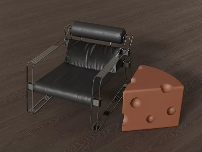 Stylish Black Leather Leisure Chair With Metal Frame And Cheese Shaped Decor On Wooden Floor 3d model