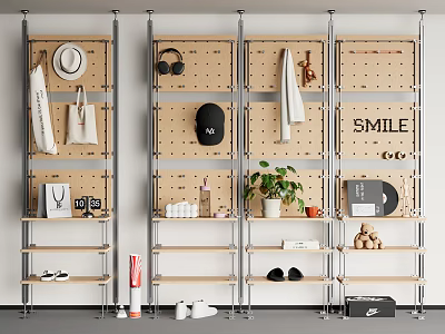 Pegboard Storage Shelving Unit With Wooden Panels Metal Frame For Hats Bags Shoes And Decor 3d model