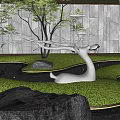 White Branch Shaped Sculpture In Modern Garden With Lawn Trees And Stone Wall