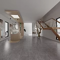 Art Exhibition Hall With Framed Artworks On Walls Central Tree Trunk Decoration Gray Tiled Floor