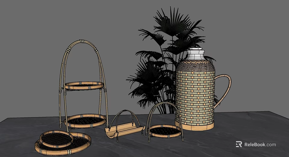 Bamboo Household Items Including Multi tiered Racks Trays And Handle Container With Plant 3d model 
