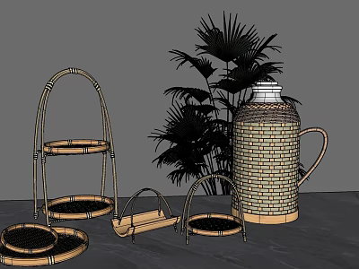 Bamboo Household Items Including Multi tiered Racks Trays And Handle Container With Plant 3d model